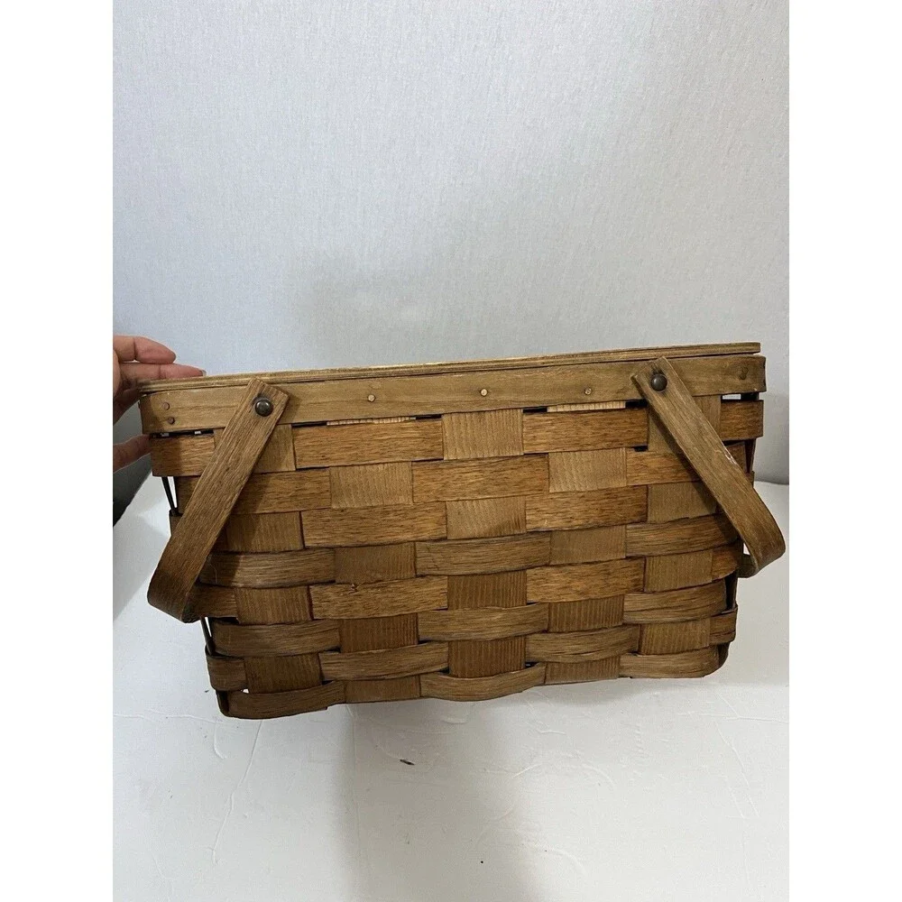 Vintage Basketville Putney Vermont Woven Wood Splint Picnic Basket With Lid